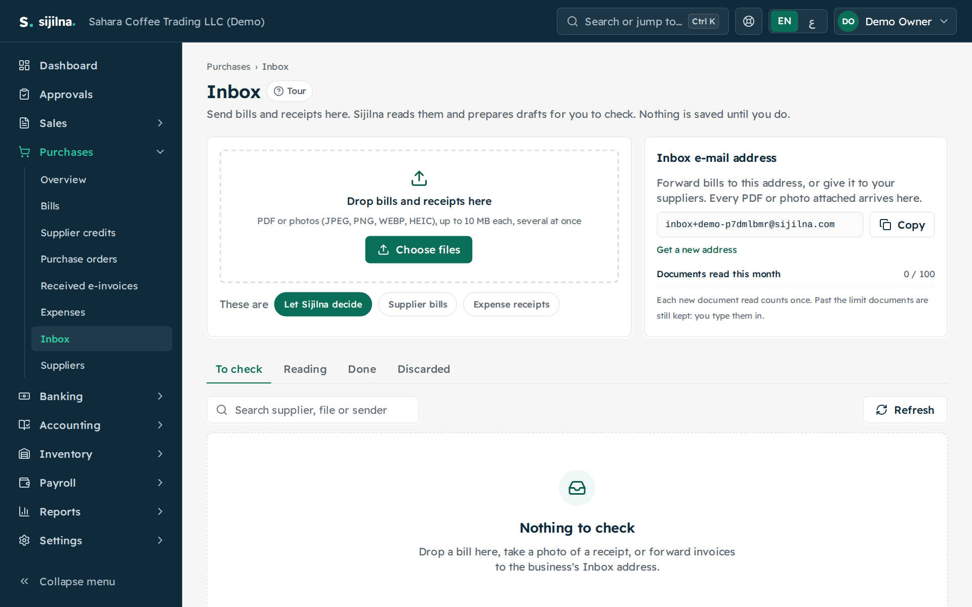 Document Inbox in Sijilna with documents read into drafts